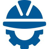Blue construction helmet and gear icon